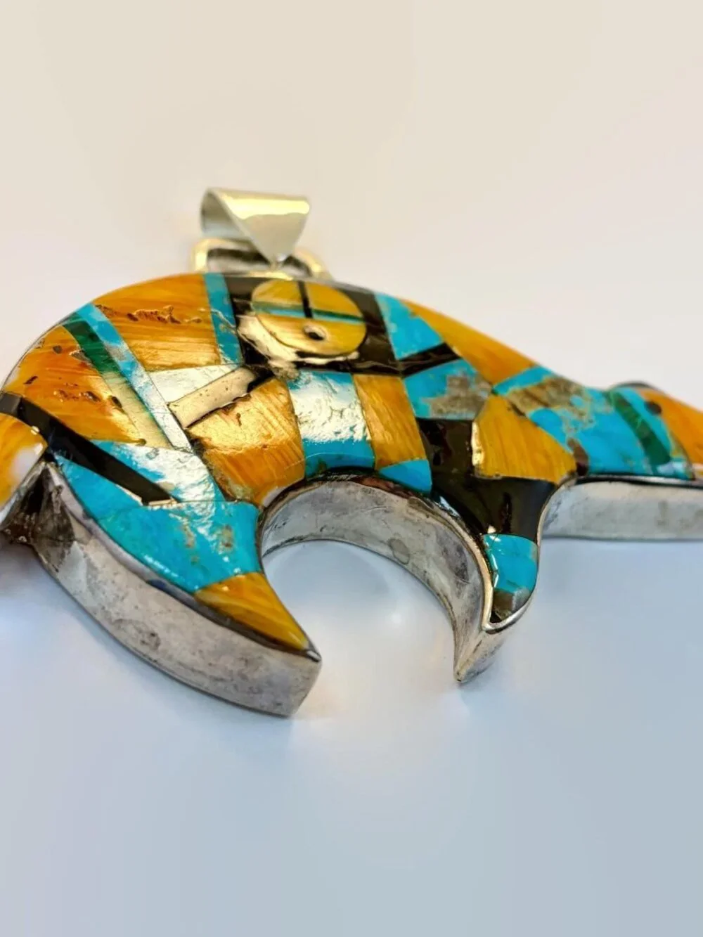 Native American Bear Pendant, Vintage, Sterling Silver, Turquoise, Spiny Oyster